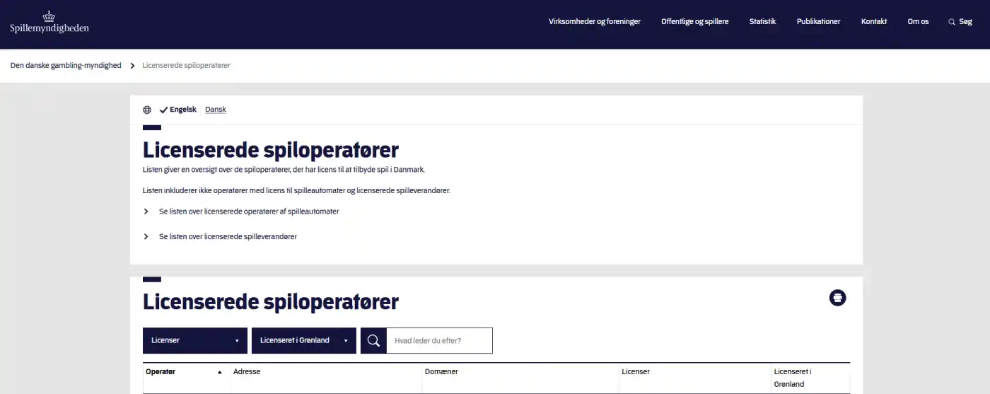 Skærmbillede af Spillemyndighedens liste over licenserede spiludbydere